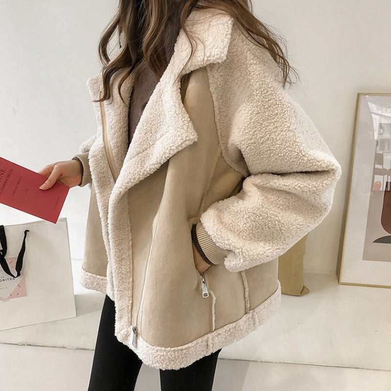 Dame Oversized Lang Jakke med Lynlås og Lomme Detaljer