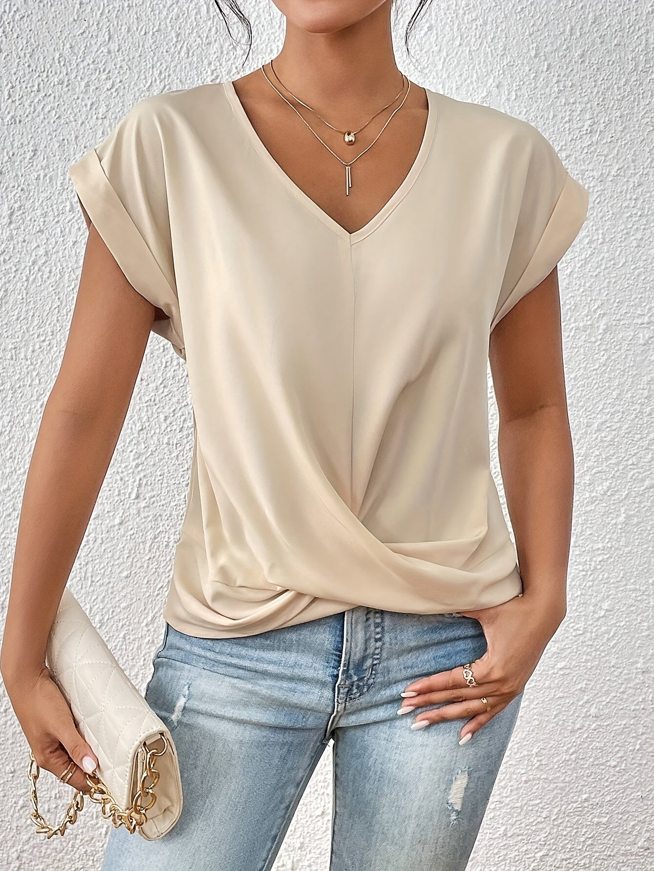 Elegant V-hals Top med Knudedetalje