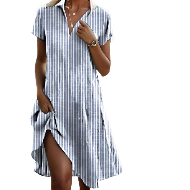 Dame Elegant Stilfuld Stribet Skjortekjole