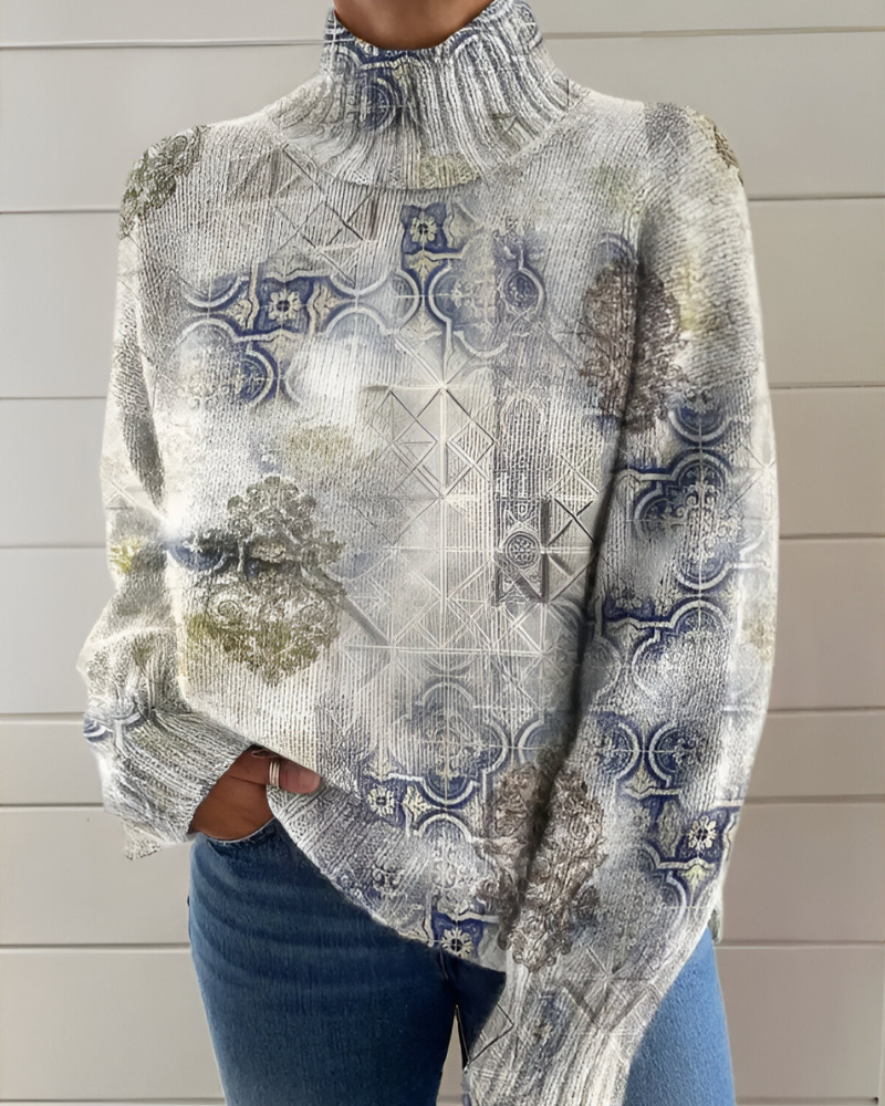 Sara | Coltrøje med Grafisk Print, Høj Krave & Afslappet Pasform