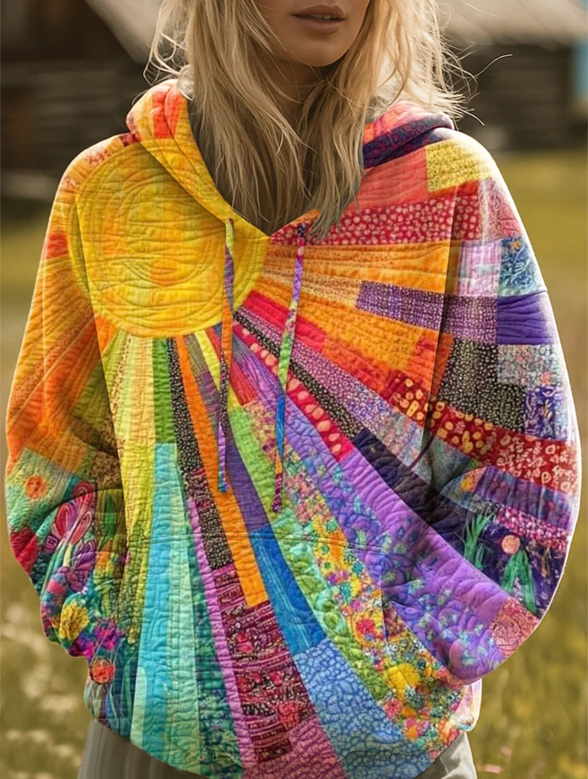 Bjørk | Farverig Bohemian Hoodie Med Patchwork-Mønster Og Hætte