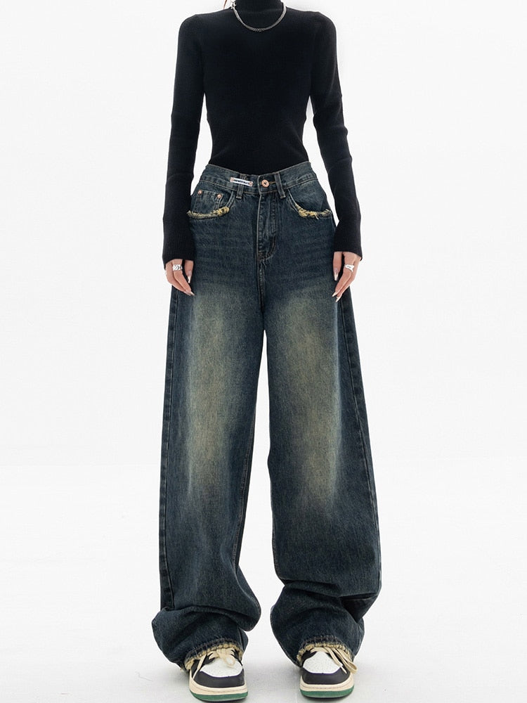 Dame Denim Bukser med Brede Ben og Vasket Look