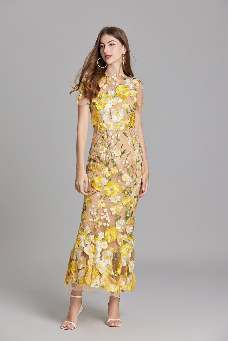 Dame Elegant Blomstret Broderet Gennemsigtig Maxikjole