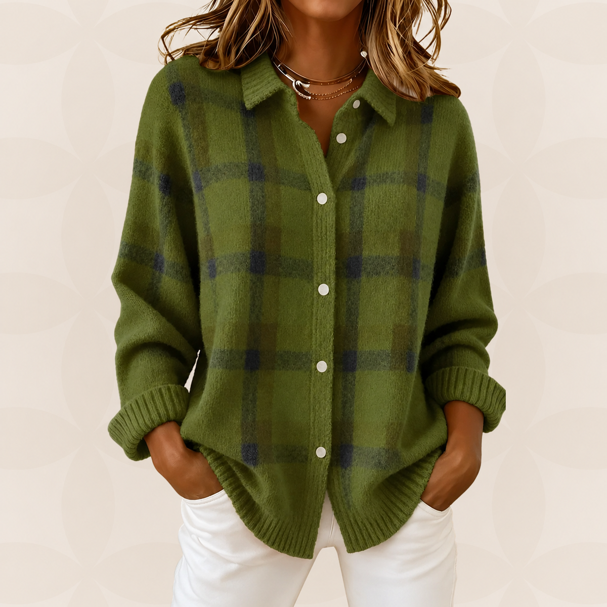Hanne | Ternet sweater med skjortekrave, knapper og ribbede manchetter