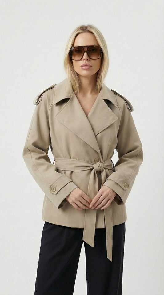 Dagny | Klassisk kort khaki trenchcoat med bindebælte til kvinder