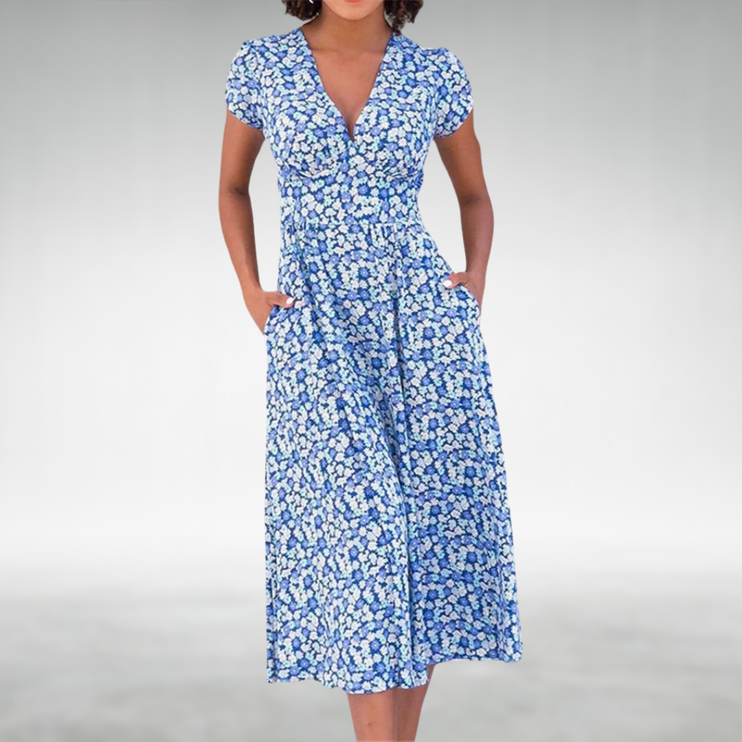 Dame Blomstret V-Hals Sommer Midi Kjole Med Lommer