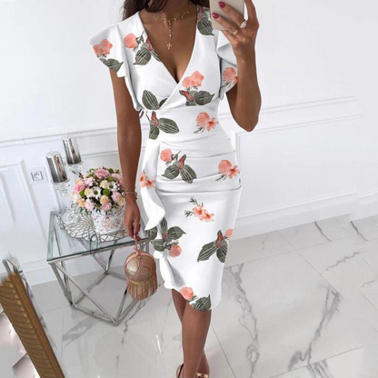 Dame Blomstret Bodycon Midikjole med V-hals
