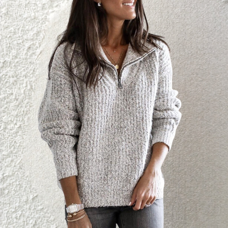 Dame Ribstrikket Sweater med Lynlås og Lange Ærmer