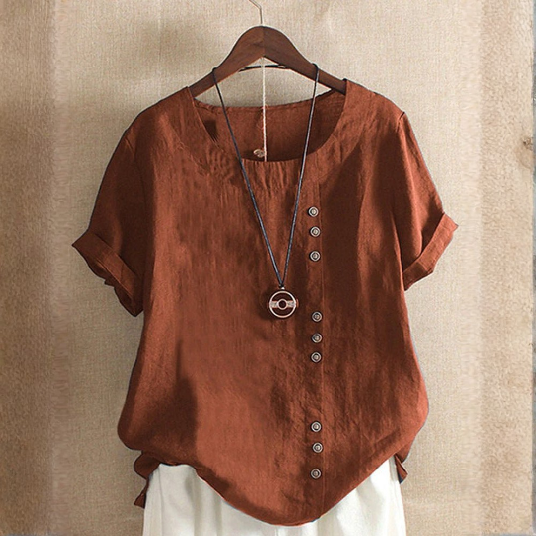 Dame Elegant Casual Knapdetalje Hør Bluse