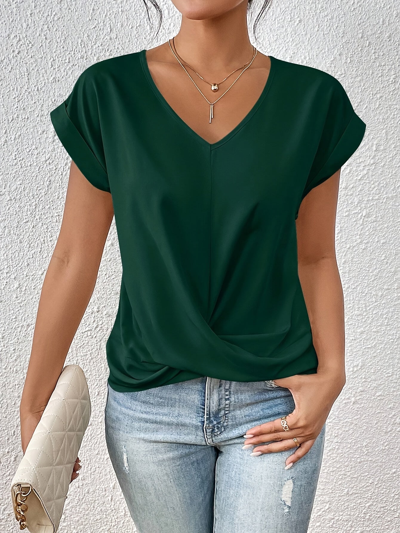 Elegant V-hals Top med Knudedetalje