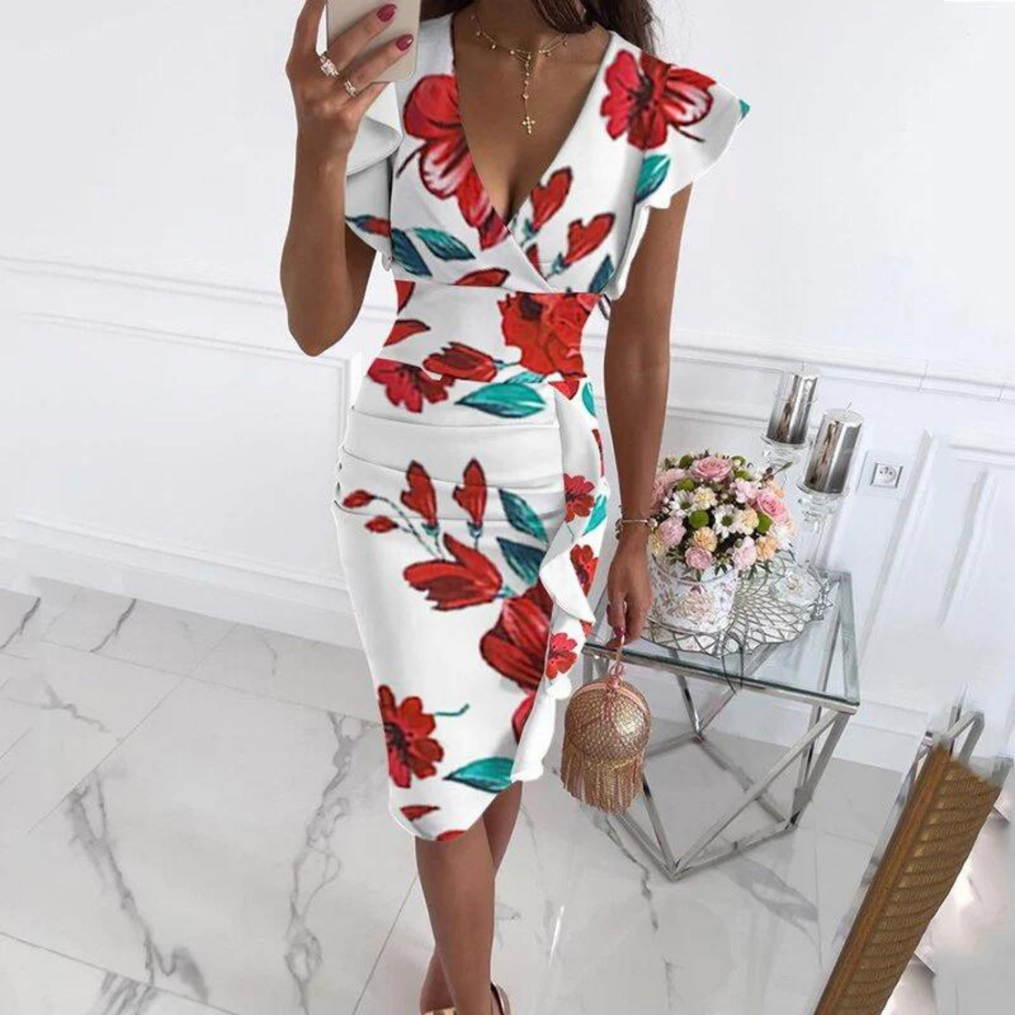 Dame Blomstret Bodycon Midikjole med V-hals