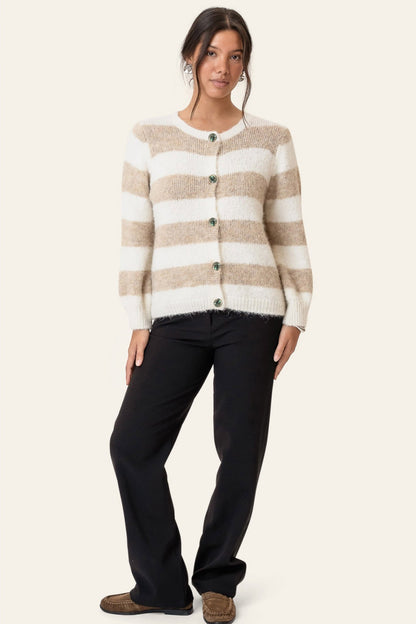 Victoria | Stribet Cardigan I Beige Med Afslappet Pasform