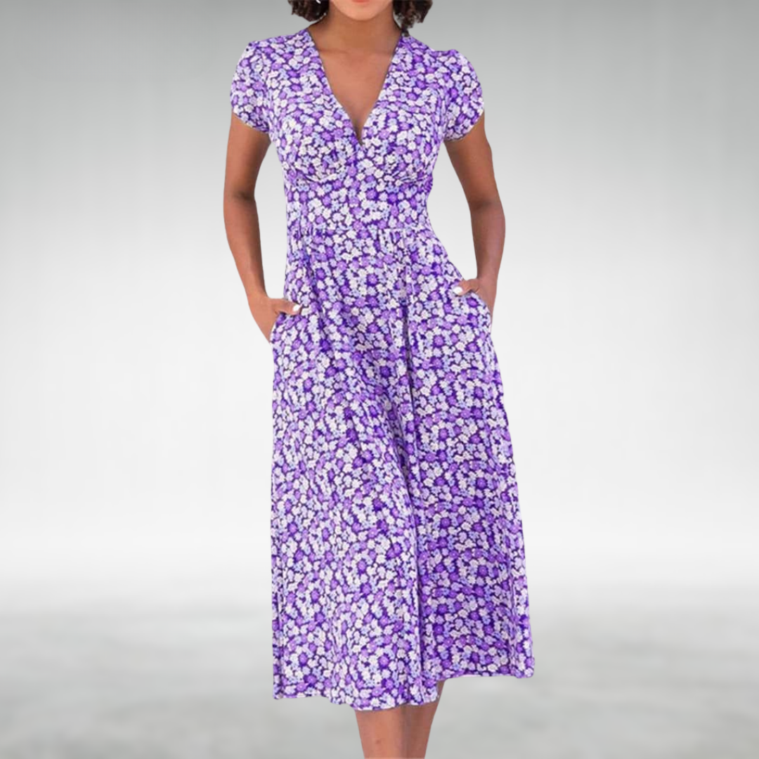 Dame Blomstret V-Hals Sommer Midi Kjole Med Lommer