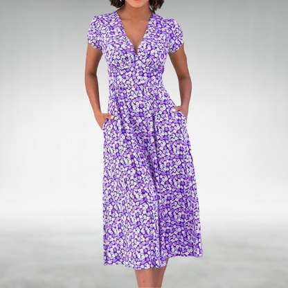 Dame Blomstret V-Hals Sommer Midi Kjole Med Lommer