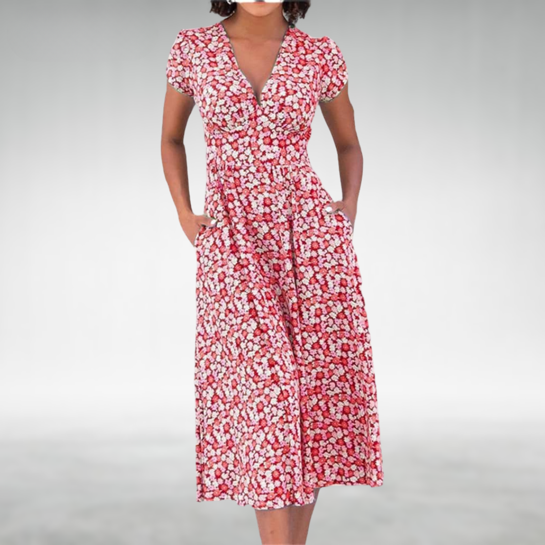Dame Blomstret V-Hals Sommer Midi Kjole Med Lommer