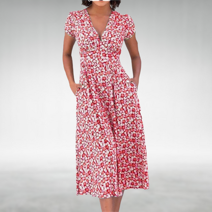 Dame Blomstret V-Hals Sommer Midi Kjole Med Lommer