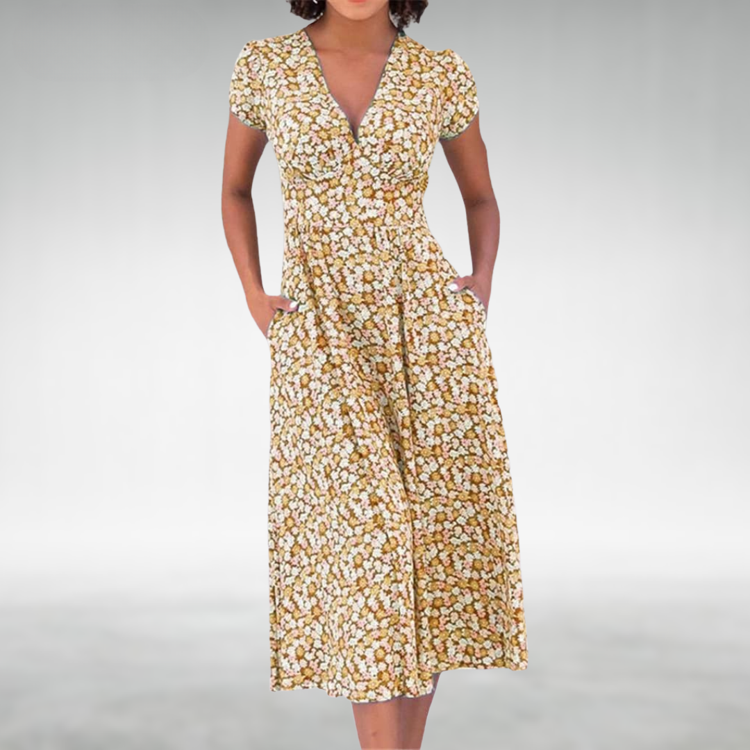 Dame Blomstret V-Hals Sommer Midi Kjole Med Lommer