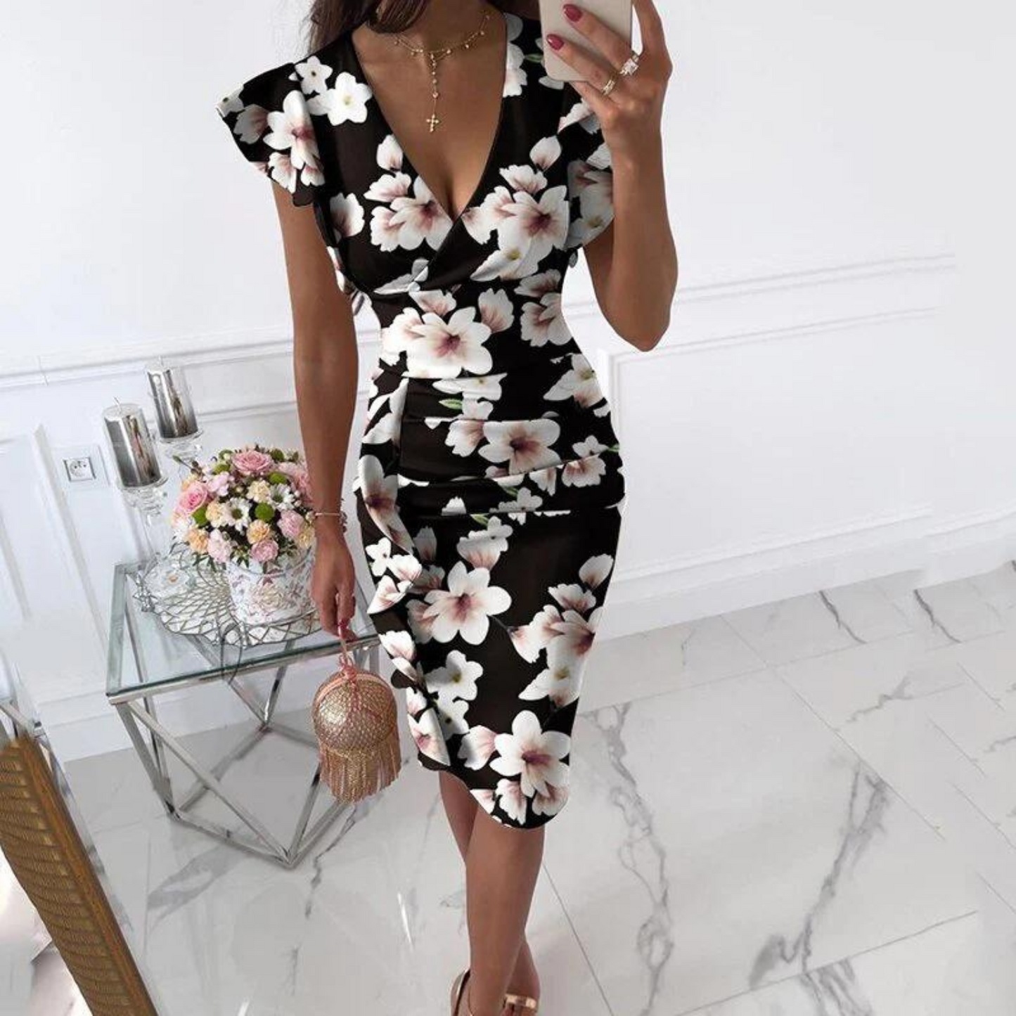 Dame Blomstret Bodycon Midikjole med V-hals