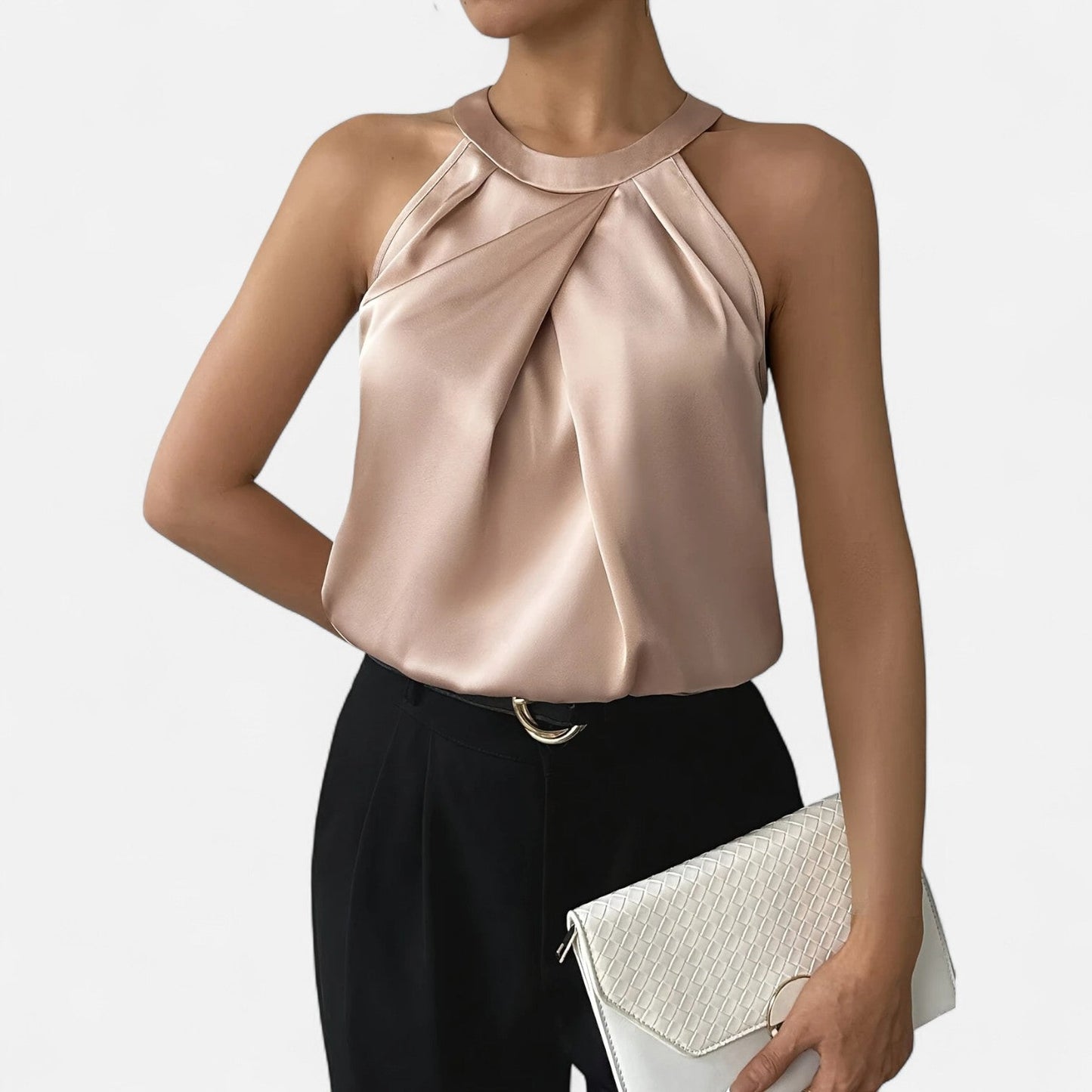 Dame Elegant Satin Halterneck Plisseret Bluse