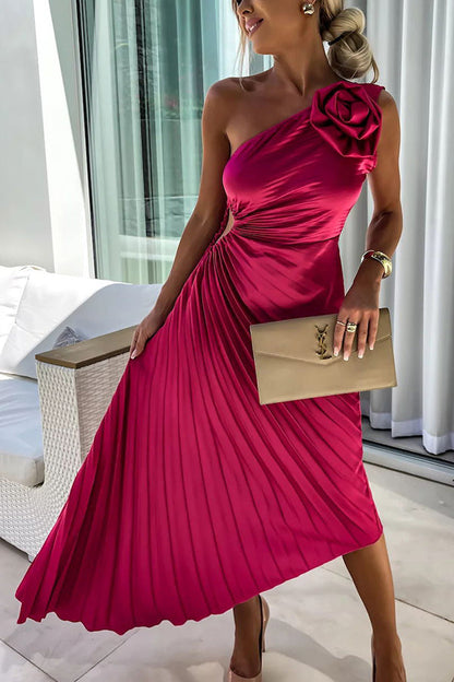Dame Plisseret One-Shoulder Sommer Midi Kjole