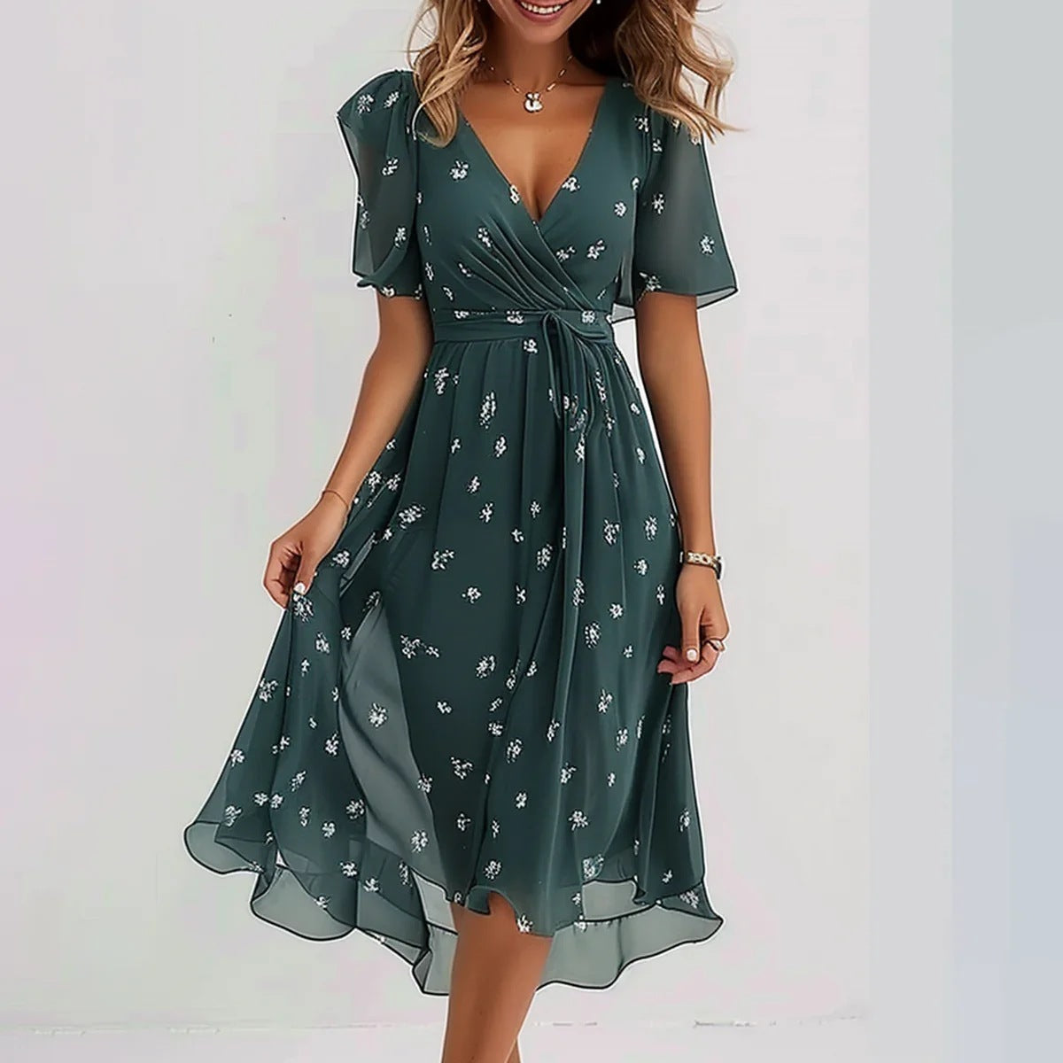 Stilfuld Blomstret Sommer Midi Kjole