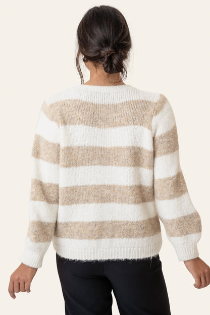 Victoria | Stribet Cardigan I Beige Med Afslappet Pasform