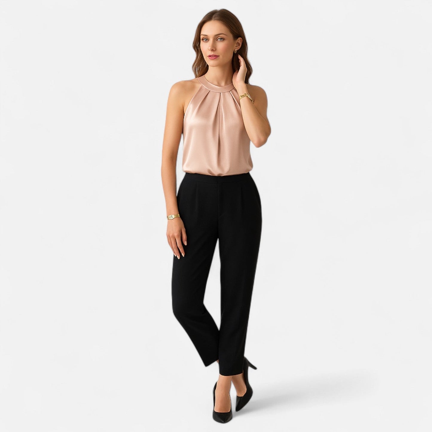 Dame Elegant Satin Halterneck Plisseret Bluse