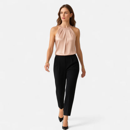 Dame Elegant Satin Halterneck Plisseret Bluse