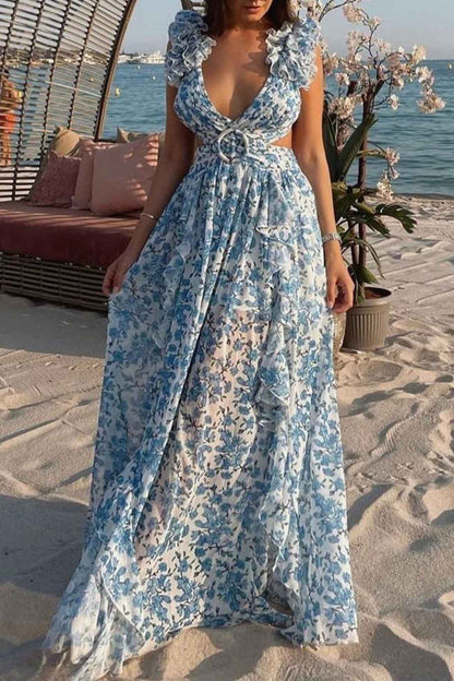 Dame Blomstret Maxikjole med Rynker og V-hals