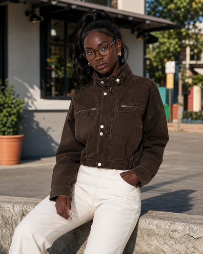 Freya | Struktureret kort brun denim jakke til kvinder