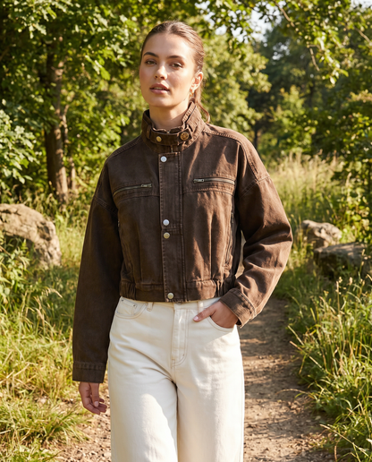 Freya | Struktureret kort brun denim jakke til kvinder