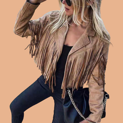 Nanna | Kort western ruskind jakke med frynser og boho stil