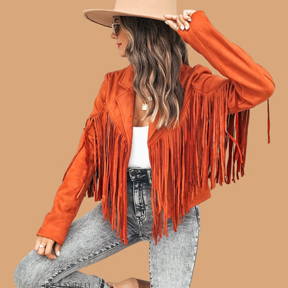 Nanna | Kort western ruskind jakke med frynser og boho stil