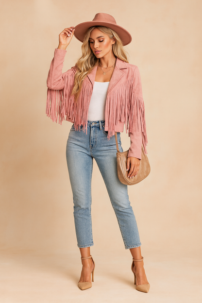 Nanna | Kort western ruskind jakke med frynser og boho stil