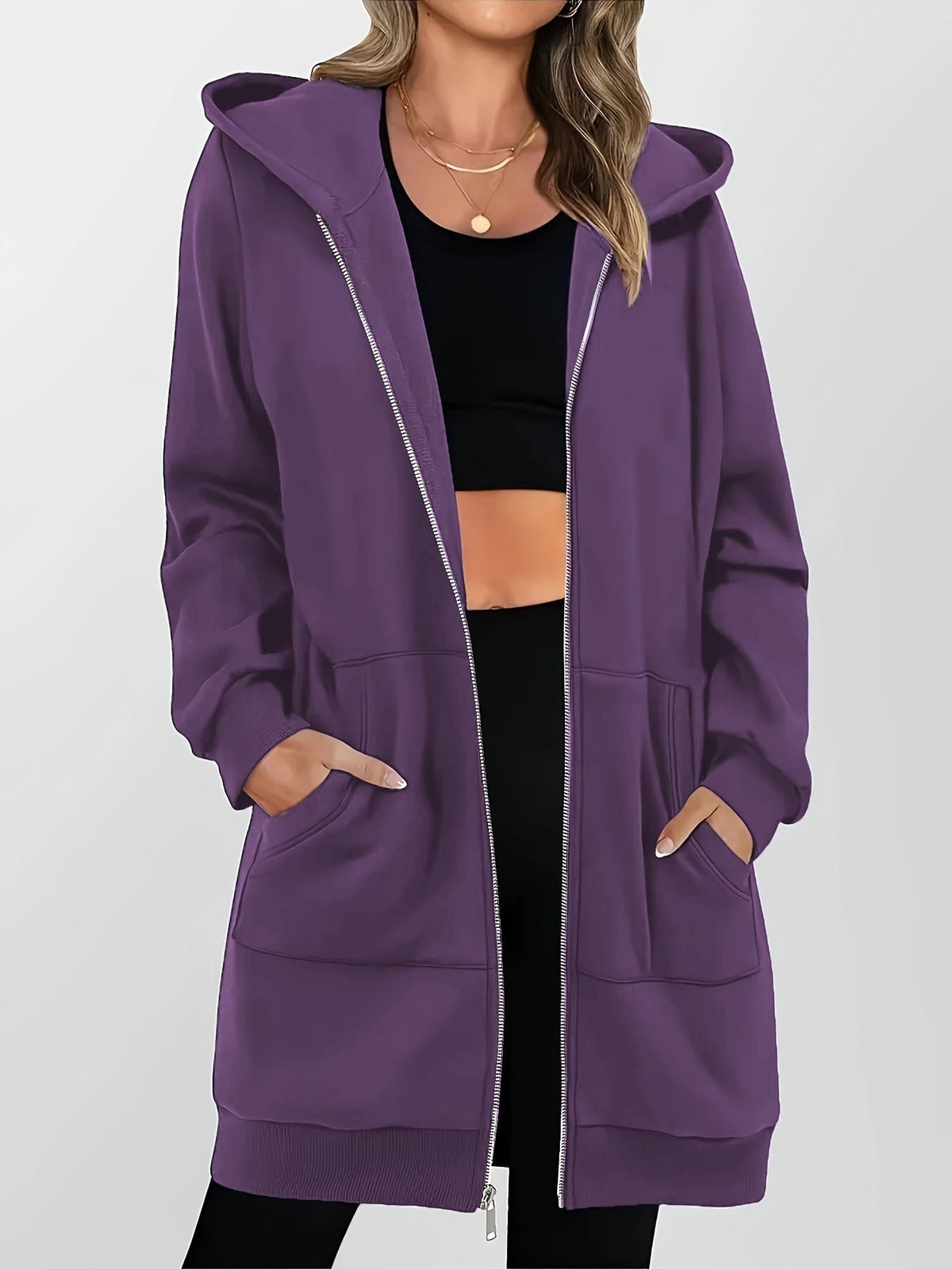 Yvonne | Lang hoodie med lynlås, kangurulommer og justerbar hætte