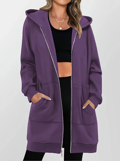 Yvonne | Lang hoodie med lynlås, kangurulommer og justerbar hætte