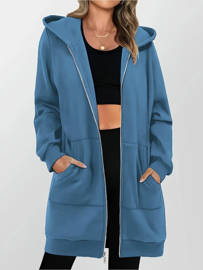 Yvonne | Lang hoodie med lynlås, kangurulommer og justerbar hætte