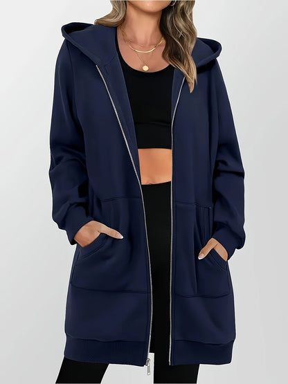 Yvonne | Lang hoodie med lynlås, kangurulommer og justerbar hætte