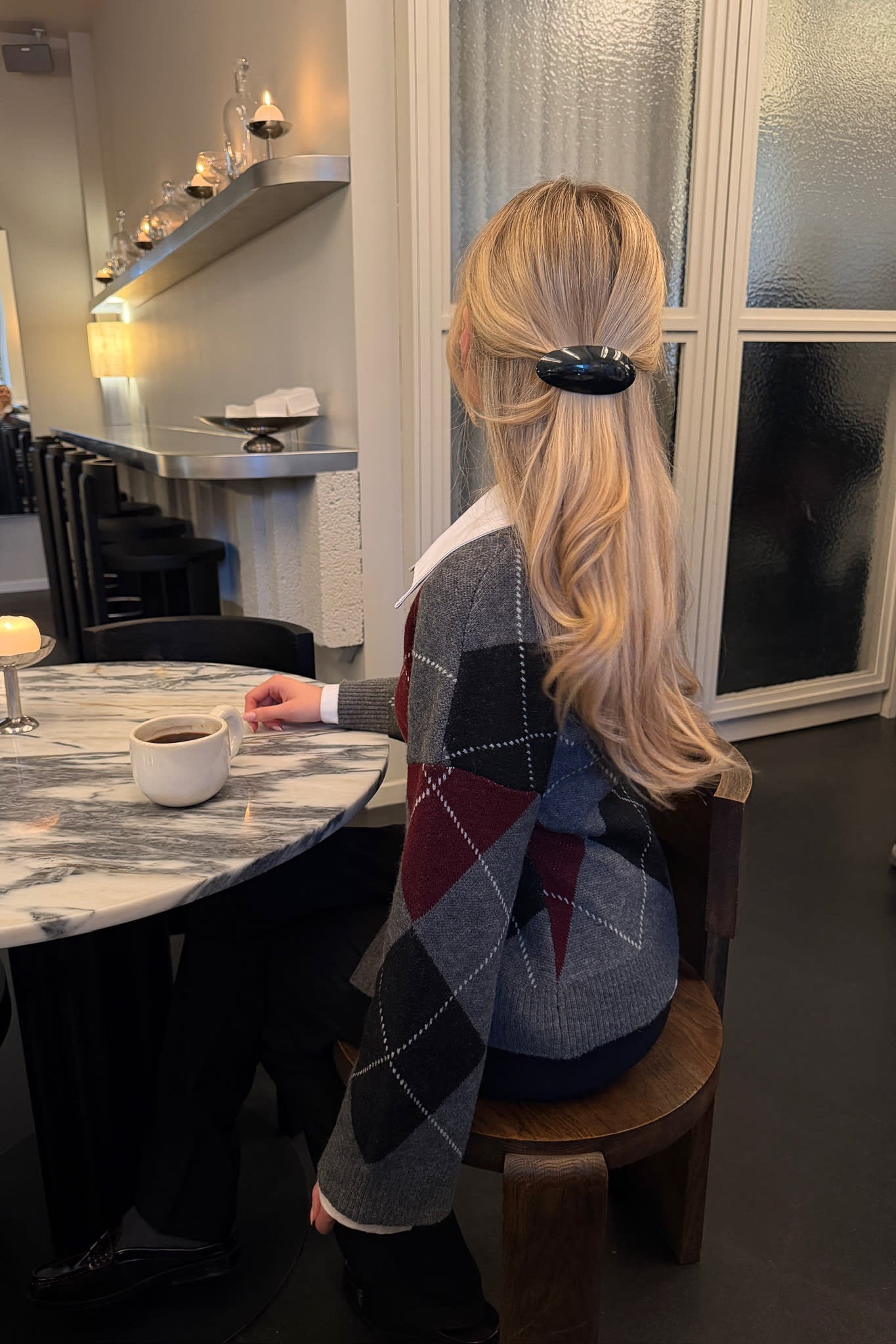 Sofia | Elegant Uldcardigan I Grå Argyle Med Bordeaux