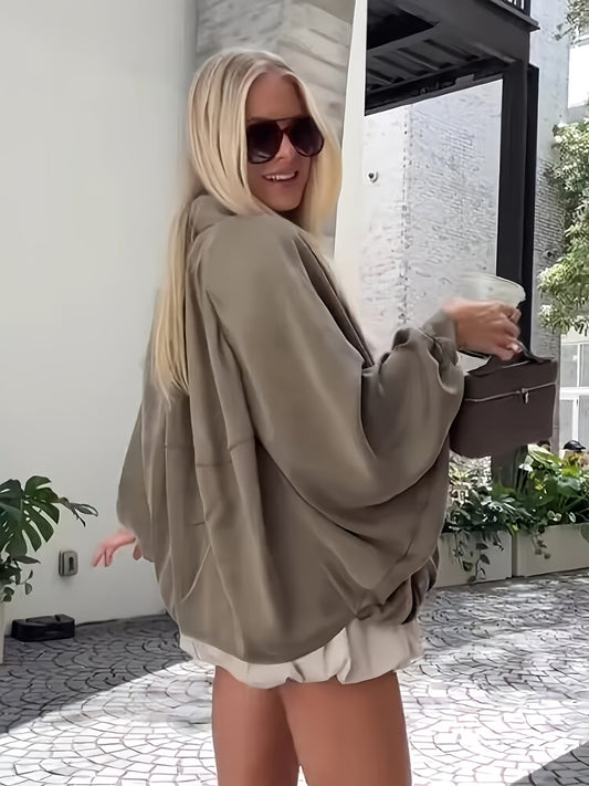 Ragna | Oversized Jakke med Hætte, Lynlås og Rummelig Pasform
