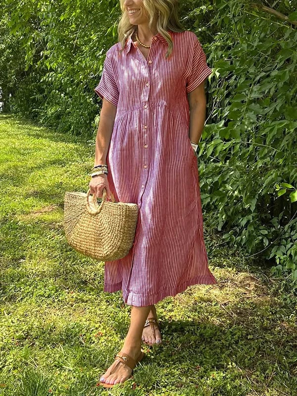 Regine | Stribet midi skjortekjole med knapper til afslappede dage