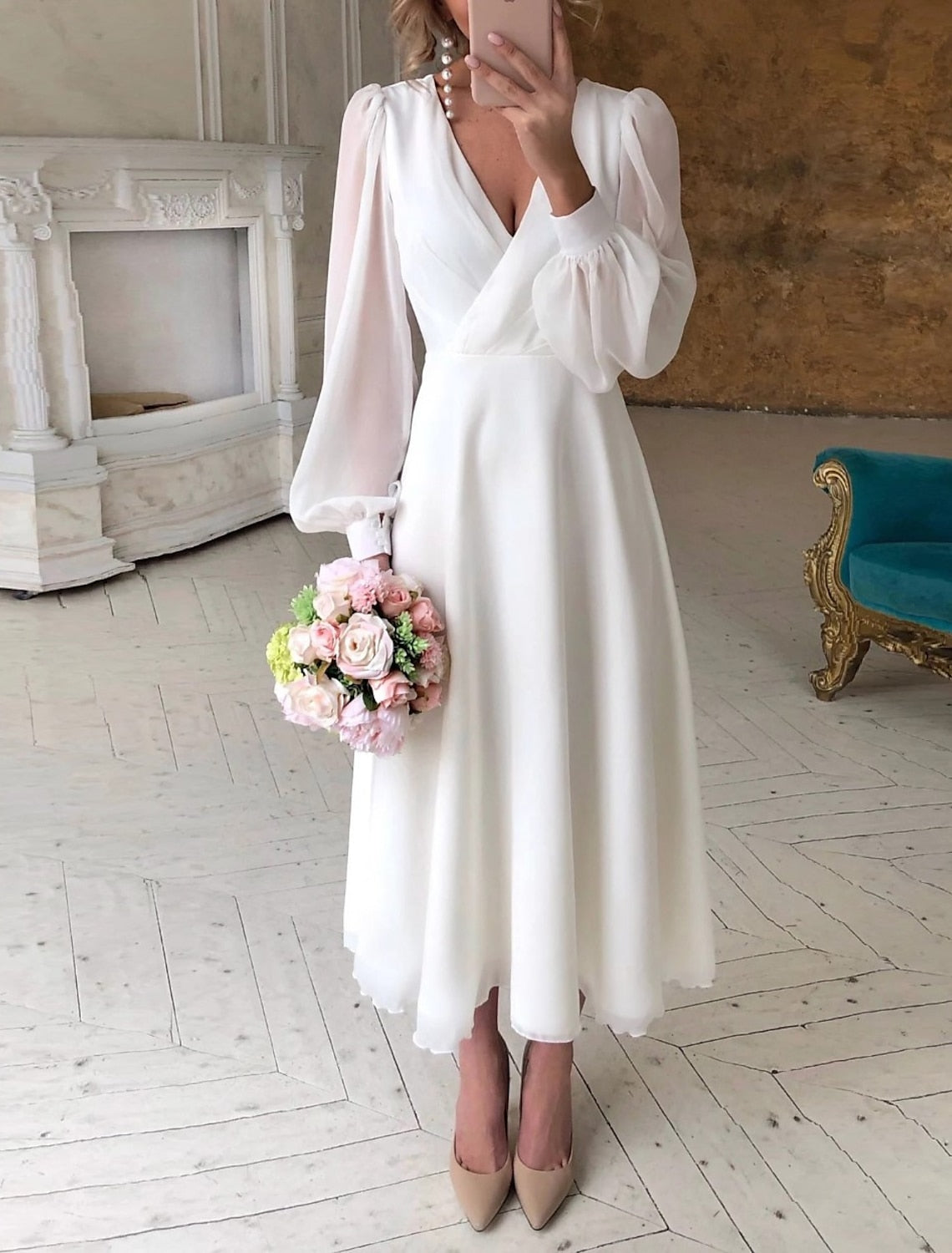 Dame Elegant Klassisk Langærmet Flydende Brudekjole