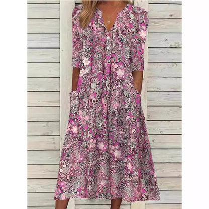 Dame Elegant Stilfuld Blomstret Skjortekjole