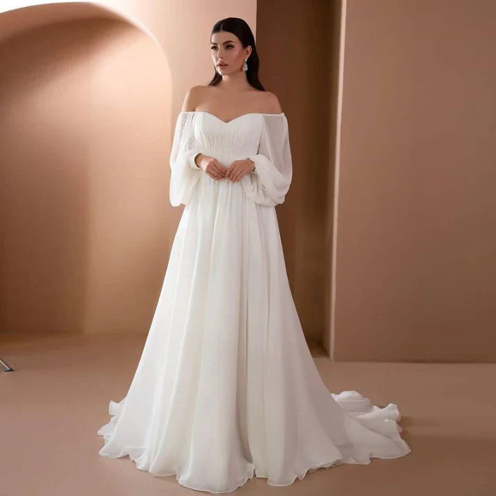 Dame Elegant Off-Shoulder Plisseret Chiffonkjole