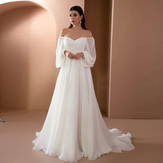 Dame Elegant Off-Shoulder Plisseret Chiffonkjole