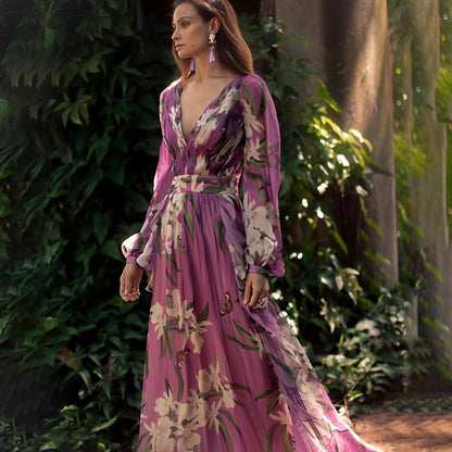 Dame Komfortabel Blomstret V-Hals Sommer Maxi Kjole