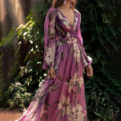 Dame Komfortabel Blomstret V-Hals Sommer Maxi Kjole