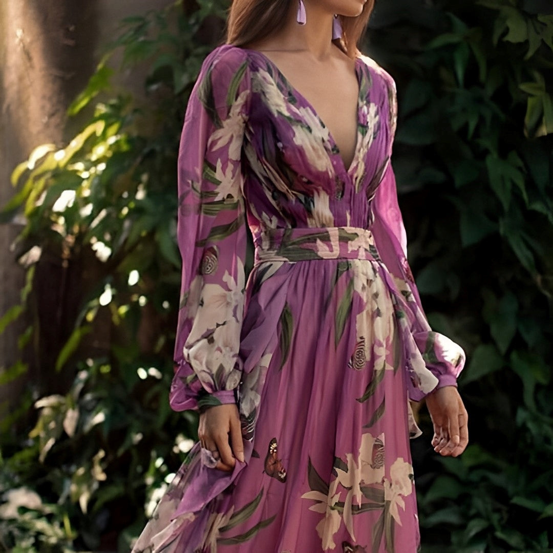 Dame Komfortabel Blomstret V-Hals Sommer Maxi Kjole