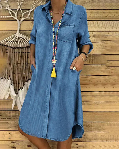 Elegant Stilfuld Denim Skjorte Kjole
