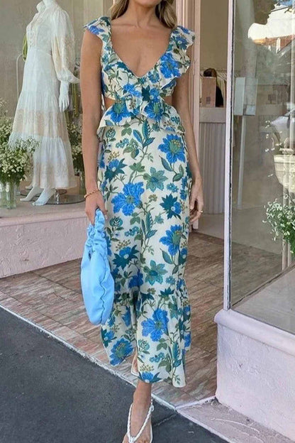 Blomstret Elegant Sommer Maxi Kjole Med Flæser